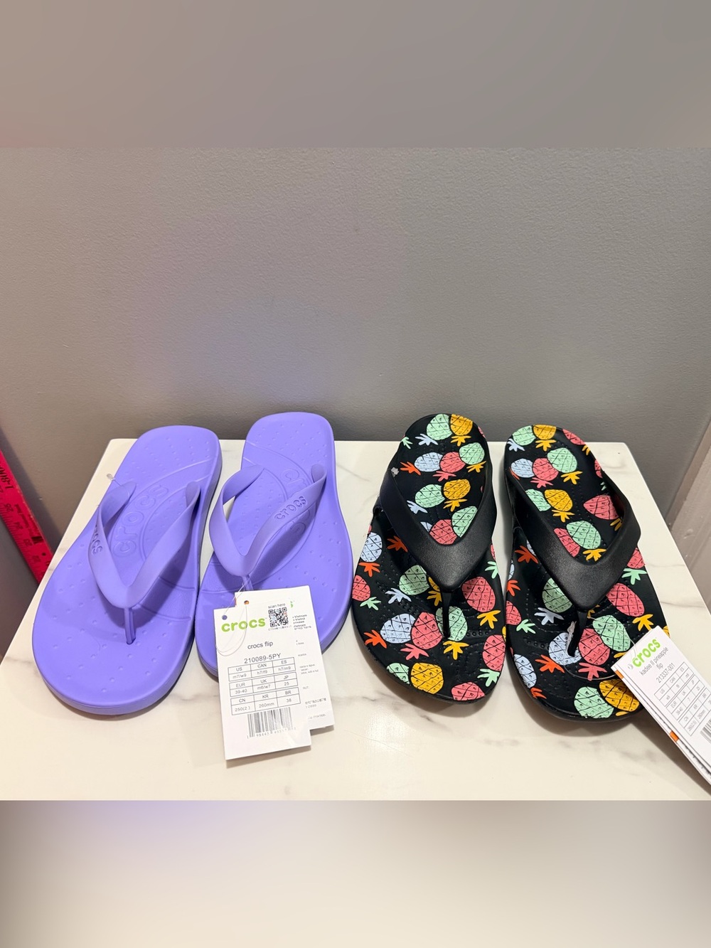 CROCS Black Flip Flops with Colorful Pineapple (set of two)